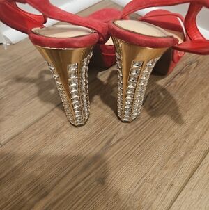 Jessica Simpson Red Suede Crystal-Studded Gold Block Heels